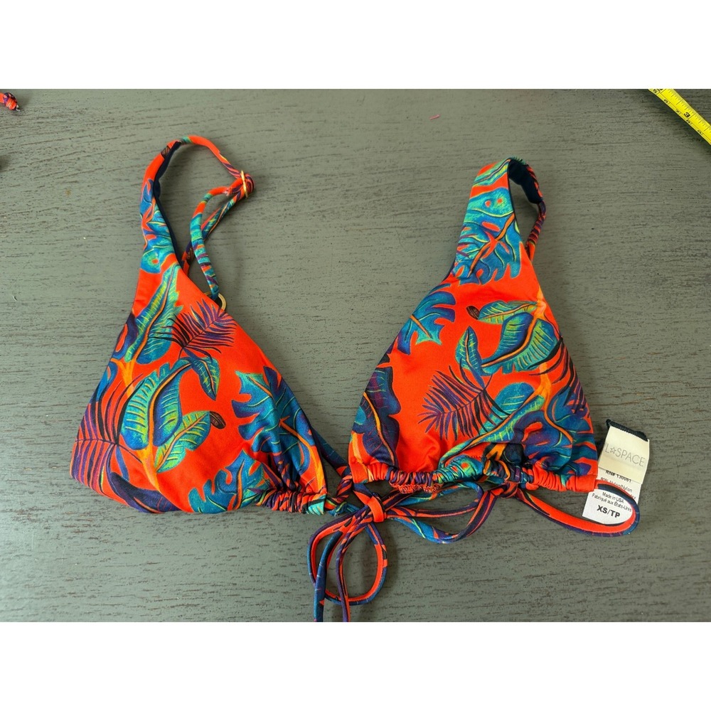 L Space Tropical Palm Print Triangle Bikini Top Orange Teal Navy XS RN 130061